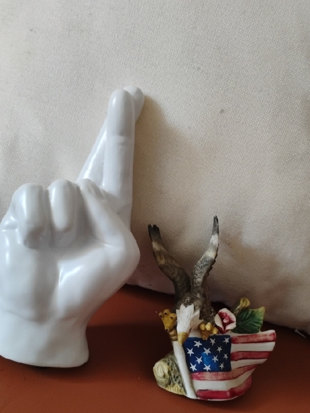Patriotic Eagle Ceramic Figurine - White, Red & Blue Plus Cross Finger Hand.